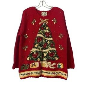 Vintage Heirloom Collectibles Sweater Size L Christmas Tree Holiday Red Beaded
